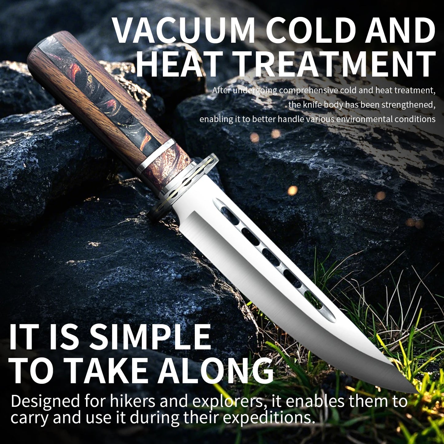 Outdoor tactical straight knife with wooden handle, featuring a nylon sheath—ideal for wilderness expeditions.