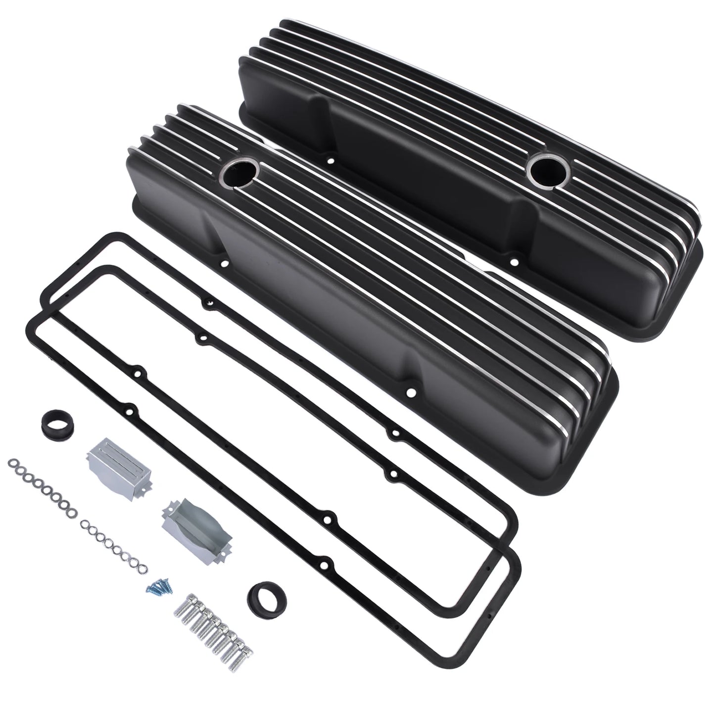 AP02 Aluminum Polished Finned Tall Valve Covers for Chevy SBC Small Block 283 Black