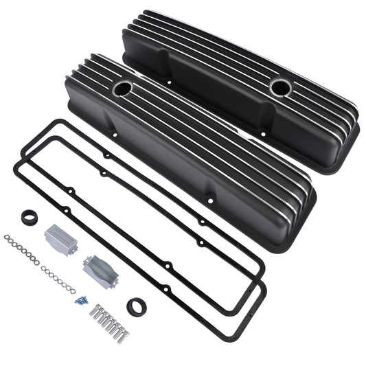 AP02 Aluminum Polished Finned Tall Valve Covers for Chevy SBC Small Block 283 Black