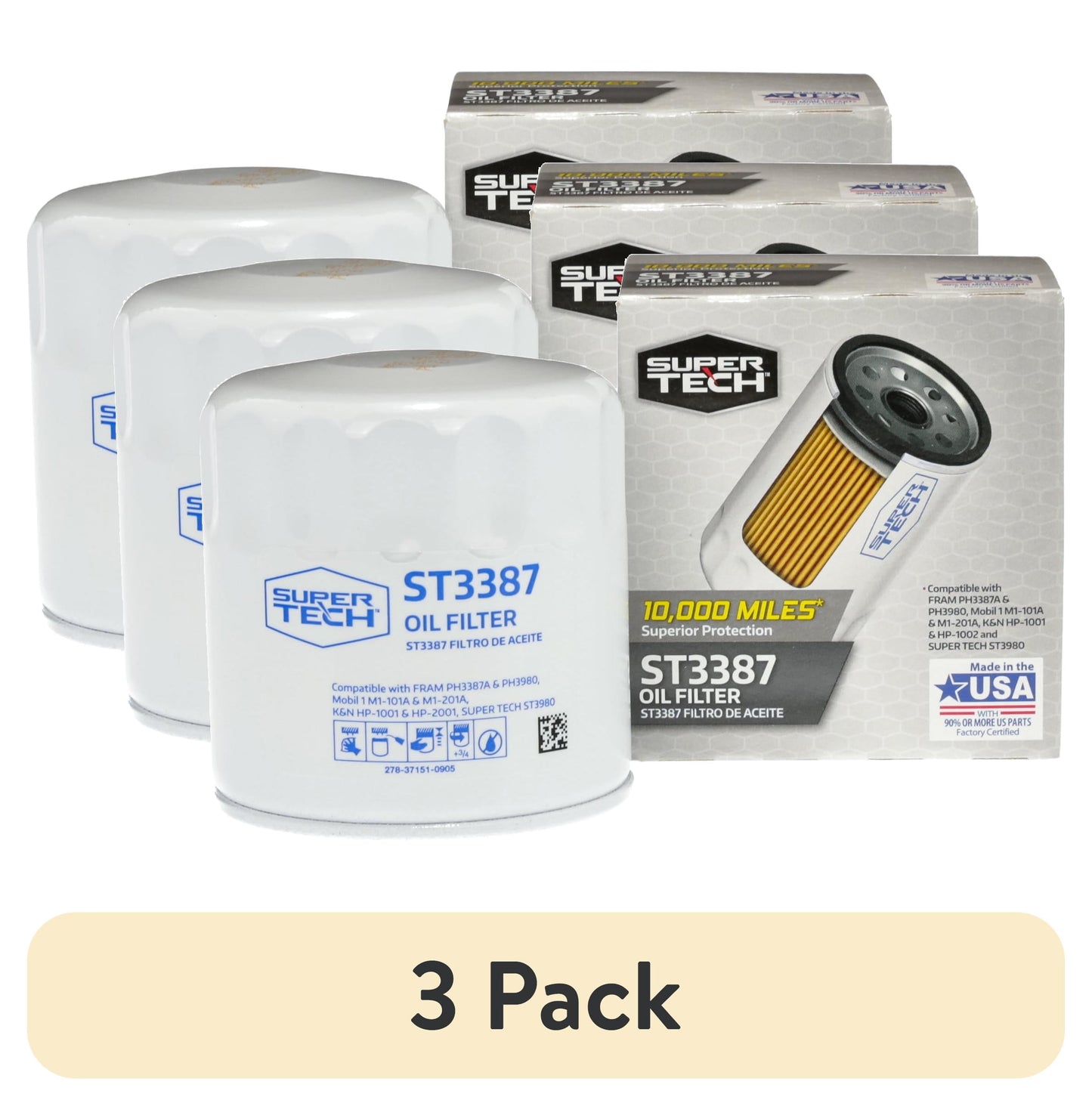 (3 Pack)  ST3387 10K Mile Spin-On Motor Oil Filter Fits GM and Isuzu Fits Select: 1988-2000 CHEVROLET GMT-400, 1995-2000 CHEVROLET TAHOE