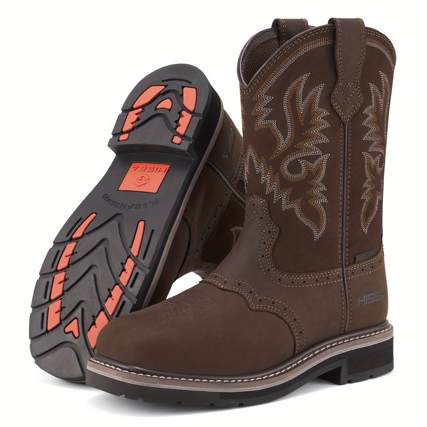 Men's Western Cowboy Steel Toe Work Boots - Industrial & Construction Boots with Square Toe, Soft Toe Option, and Safety Features for Heavy-Duty Protection and Comfort