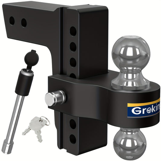 Adjustable Trailer Hitch Ball Mount, Fits 2.5" Receiver, 7 Inch Drop Hitch, 18,500 LBS, 2 Inch & 2-5/16 Inch Steel Dual Ball Hitch, Black Forged Solid Aluminum Hitch with Dual Hitch Pin Lock