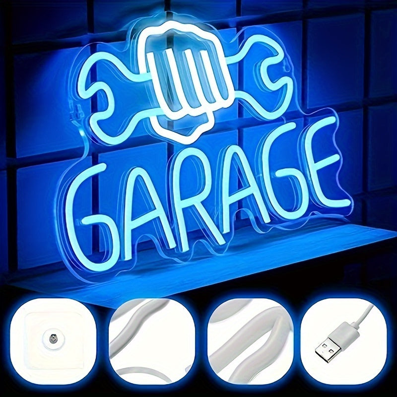 Neon Sign "GARAGE" with Wrench, 3D Wall Decor, USB Powered, Button Control, No Battery, Home Lighting & Novelty Decor, Multi-Purpose Room Decoration