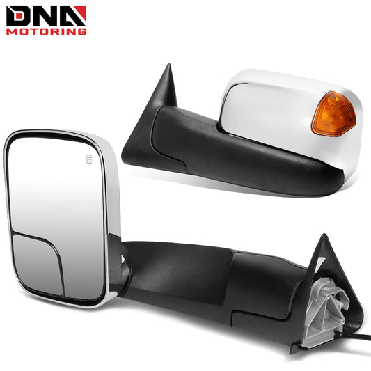 DNA MOTORING Pair Chrome Power Heated LED Turn Signal Side Towing Mirror Compatible with Dodge Ram BR/BE 98-02