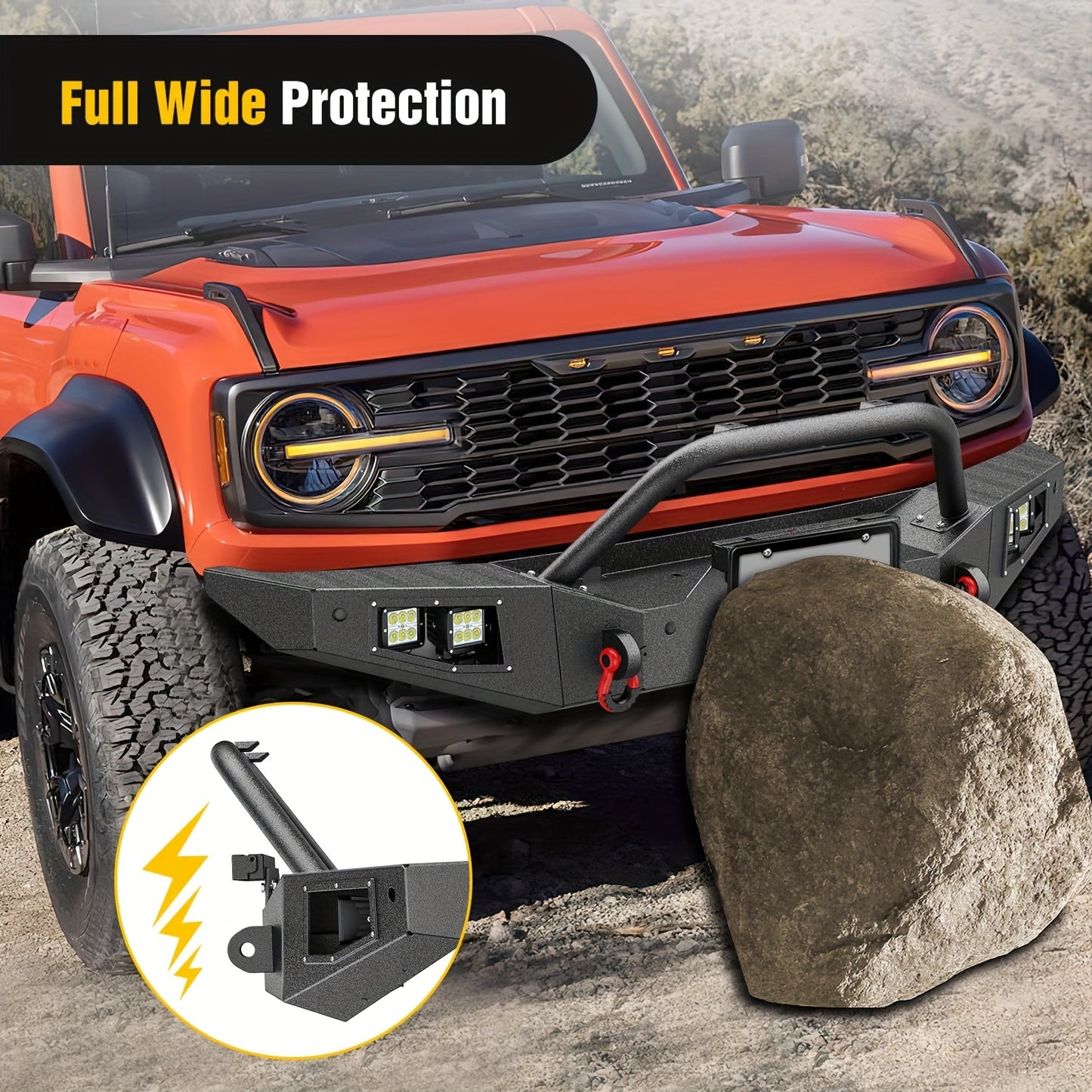 Nilight Front Bumper Compatible For 2021 2022 2023 2024 Ford Bronco With 4X18w Flush Mount LED Work Lights Winch Plate License Plate Bracket Sensor Hole