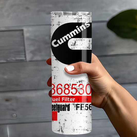 Cummins Replica 20oz Stainless Steel Tumbler, Vintage Distressed Fuel Filter Print, Insulated Multipurpose Travel Mug with Lid & Straw, Hand Wash Only - Reusable, No Electricity Needed