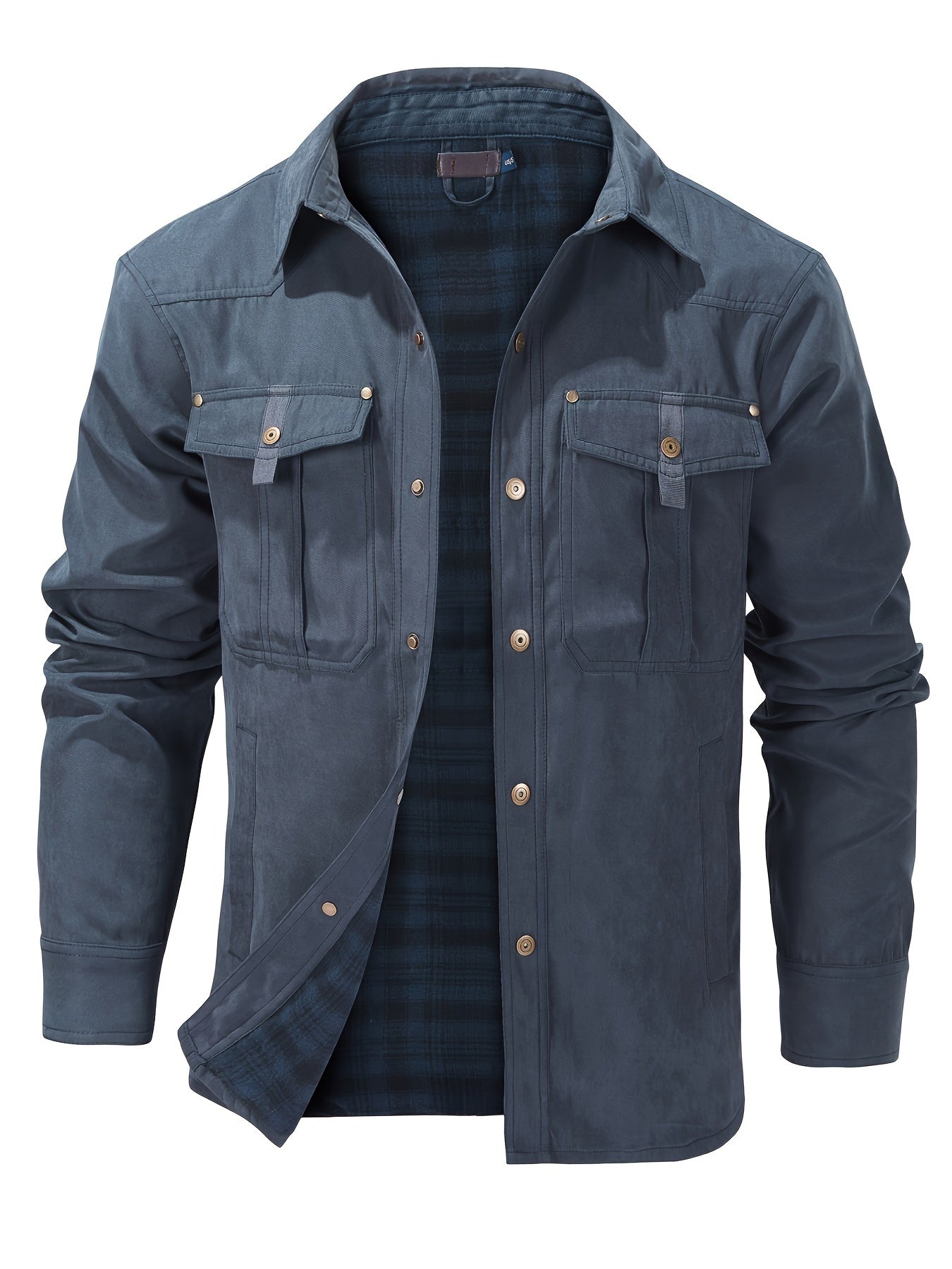 Stylish Men's Plaid Work Jacket - Classic Button Down Design, Flap Pockets, Windbreaker Style Outerwear for Spring and Fall Seasons, Mature Fashion Essential