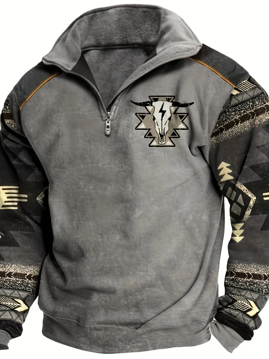 Azte Men's Retro Hoodie Sweatshirt - Autumn and Winter New Design, 3D Printed, High-Neck, 1/4 Zipper, Long-Sleeved, Polo Shirt Style, Open Chest, Stand Collar, Casual Wear for Men